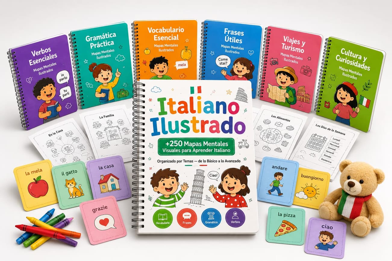 Libro Italiano Ilustrado abierto mostrando mapas mentales de gramática y vocabulario